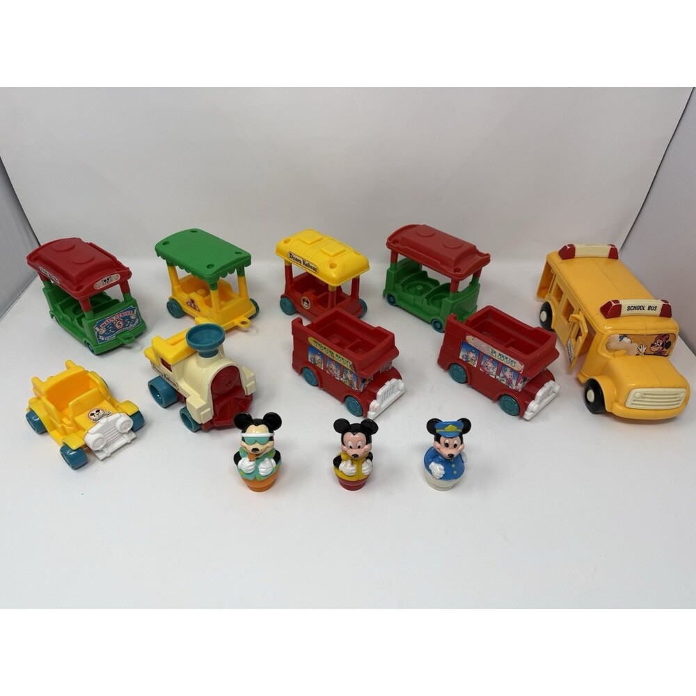 Disney Vintage Toy Vehicle Lot School Bus Train Tour Bus Mickey Minnie Cars